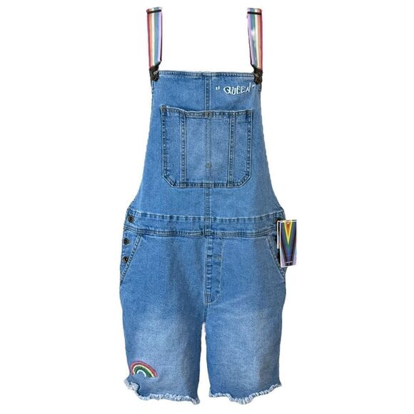 PRIDE SHORTALLS | Take PRIDE Queen Rainbow Patchwork Denim Unisex Shortalls - Picture 10 of 10